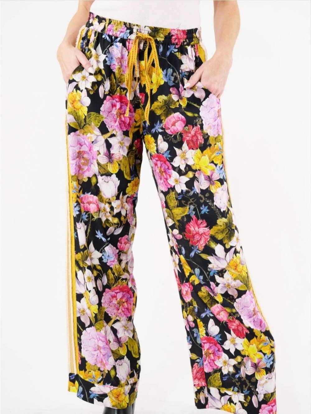 Aratta Silent Journey Wide-Leg Floral Lounge Pants with Yellow Trim